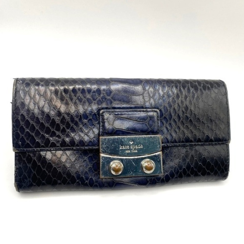 Vintage Kate Spade Embossed Leather Snakeskin Wallet Clutch Dark Navy Old Money